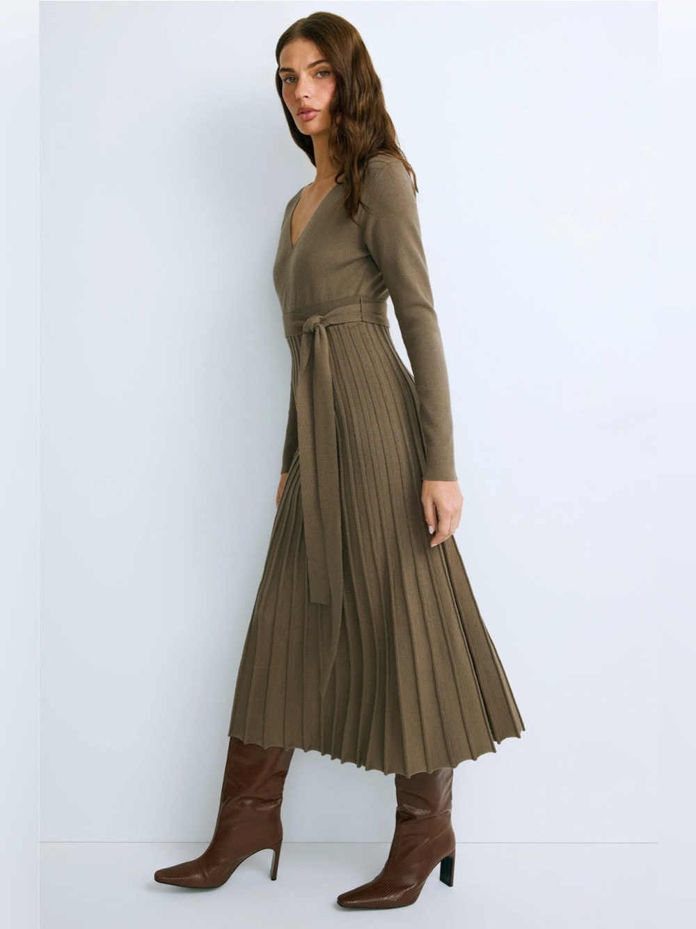 Tie-Waist Long Sleeve V-Neck Midi Dress in Olive - Picture 2 of 9